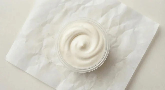 Taco Bell Sour Cream, sour cream in a clear pot on white paper, nutrition and calories