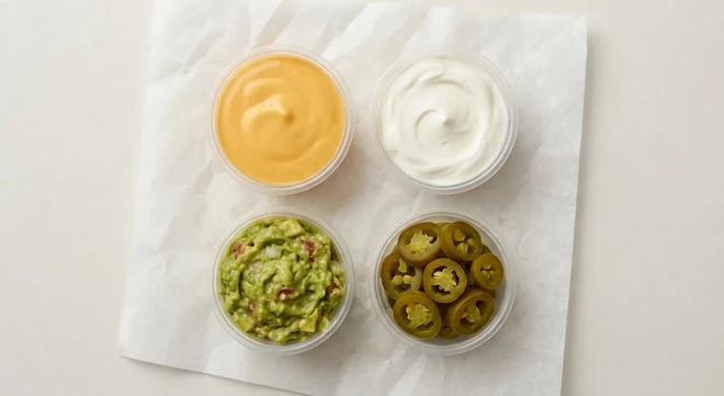 Taco Bell Dip Cravings, four clear dip pots of nacho cheese, sour cream, guacamole and jalapeños on white paper, nutrition and calories