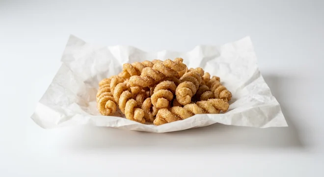 Taco Bell Cinnamon Twists, cinnamon sugar twists on white paper, nutrition and calories