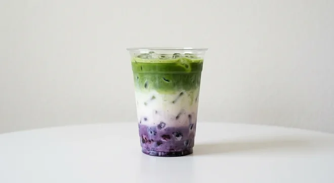 Caffè Nero Iced Blueberry Muffin Matcha, layered blueberry, milk and green matcha over ice in a clear cup, nutrition and calories