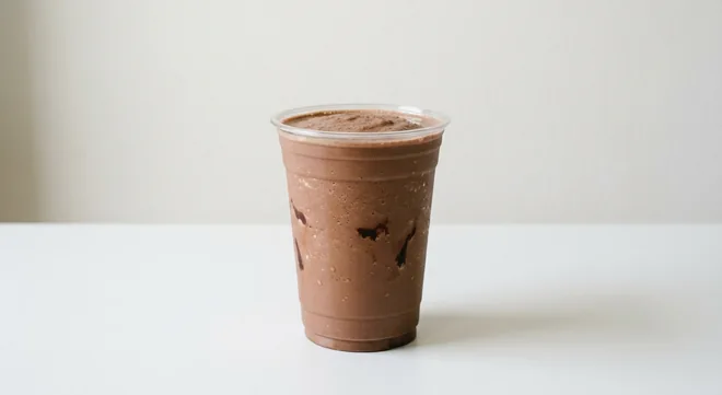 Caffè Nero Mocha Frappe (Coconut Milk), blended chocolate coffee frappé in a clear cup, nutrition and calories