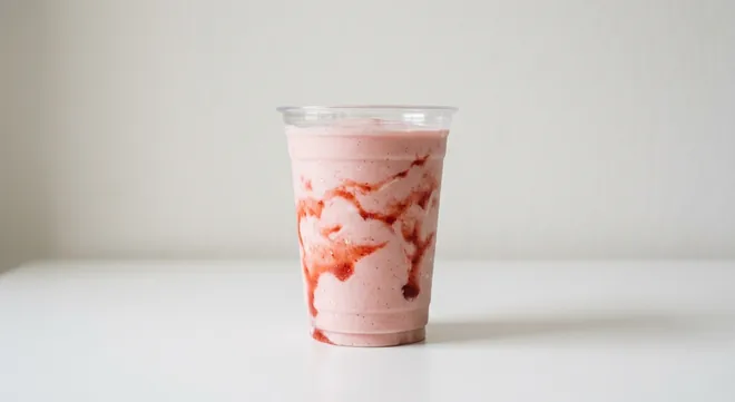 Caffè Nero Strawberry & White Chocolate Luxury Frappe, pink blended strawberry and white chocolate frappé with strawberry sauce in a clear cup, nutrition and calories