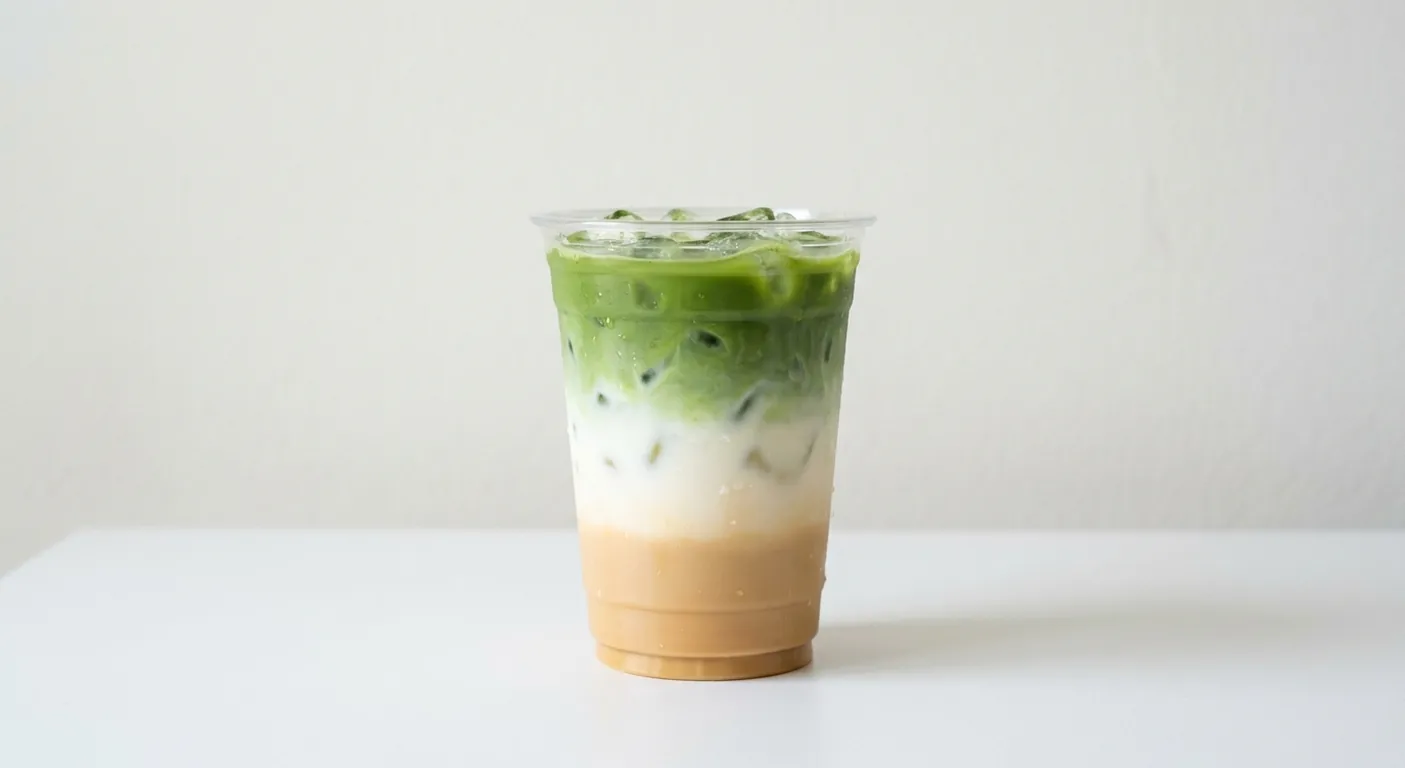 Caffè Nero Iced Banoffee Matcha Latte, layered toffee milk and green matcha over ice in a clear cup, nutrition and calories