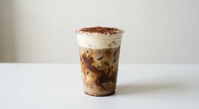 Caffè Nero Tiramisu Iced Latte (Coconut Milk), iced latte topped with cocoa-dusted cream foam in a clear cup, nutrition and calories