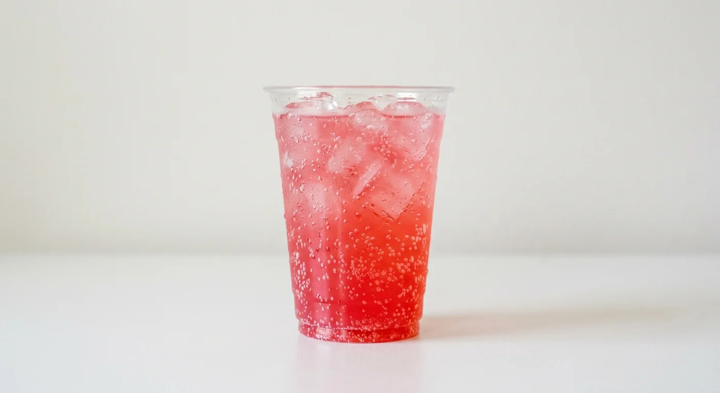 Caffè Nero Strawberry Lemonade Spritz, sparkling pink strawberry lemonade over ice in a clear cup, nutrition and calories