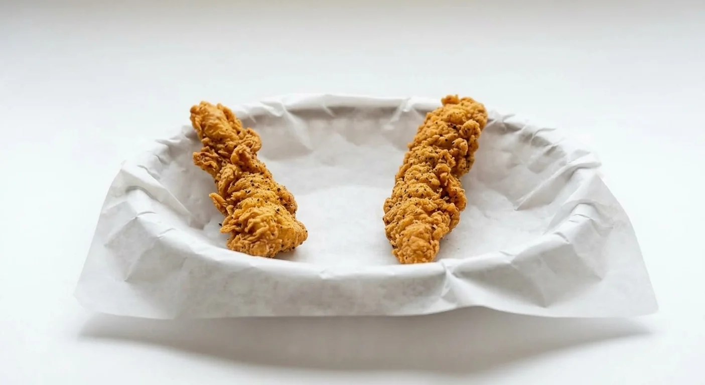 Taco Bell Crispy Chicken Tenders (2), 2 crispy chicken tenders on white paper, nutrition and calories
