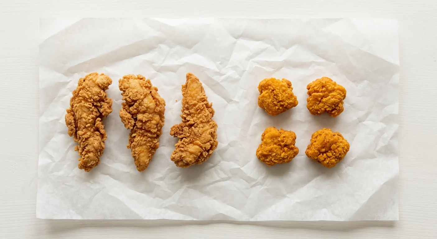 Taco Bell Regular Crispy Chicken Sharer, 3 crispy chicken tenders and 4 chicken bites on white paper, nutrition and calories