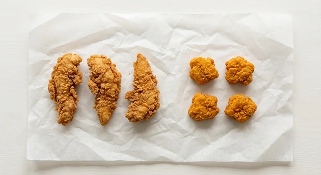 Taco Bell Regular Crispy Chicken Sharer, 3 crispy chicken tenders and 4 chicken bites on white paper, nutrition and calories