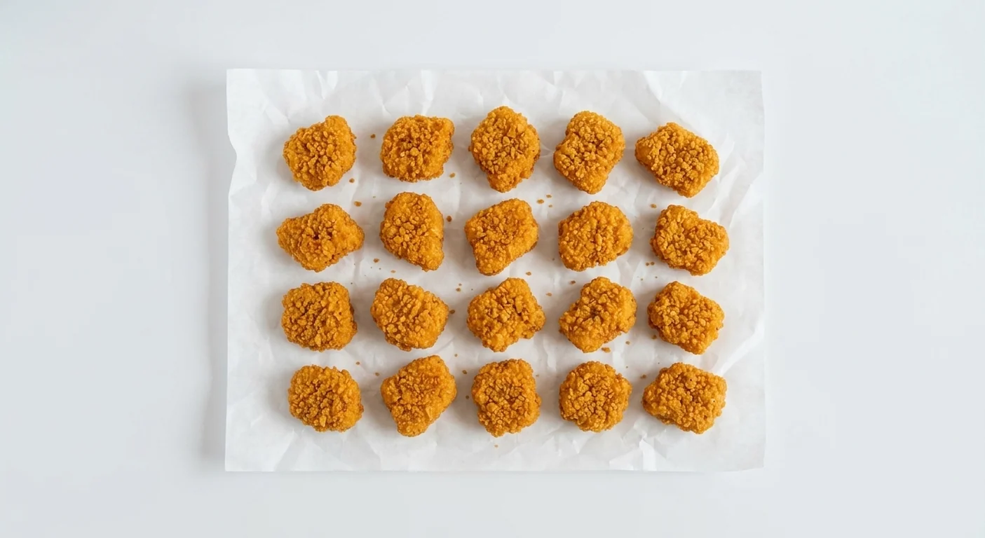 Taco Bell Chicken Bites (20), 20 crispy chicken bites on white paper, nutrition and calories