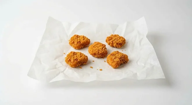 Taco Bell Chicken Bites (5), 5 crispy chicken bites on white paper, nutrition and calories