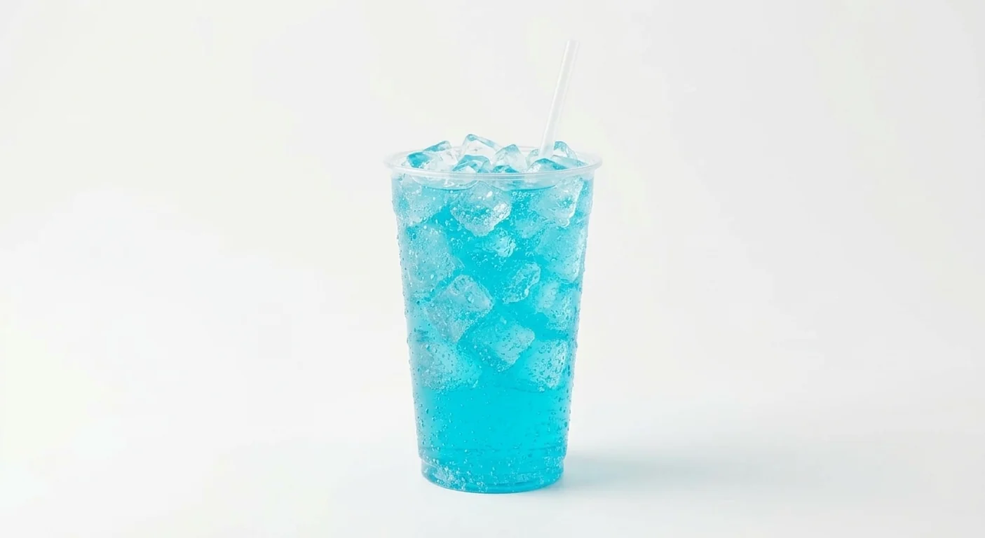 Taco Bell Baja Blast (Regular), bright aqua-blue fizzy drink over ice in a clear cup with a straw, nutrition and calories