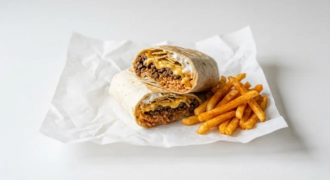 Taco Bell Beefy Melt Burrito Meal with Fries (Regular), burrito cut in half showing beef, seasoned rice, cheese, nacho cheese, crushed nacho chips and sour cream, served with seasoned fries on white paper, nutrition and calories