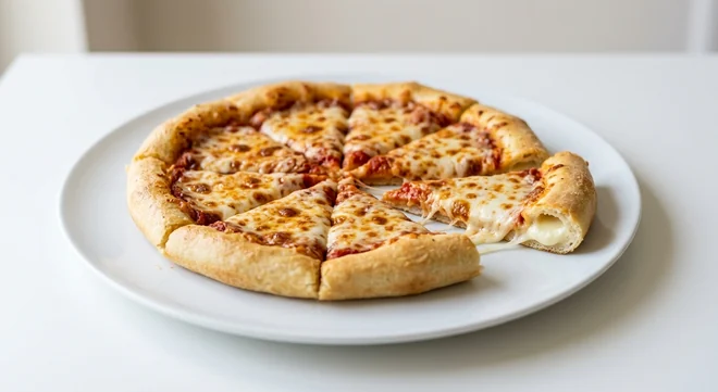 Pizza Hut Margherita (Sharing Stuffed Crust, 14-inch), stuffed crust pizza in 8 slices with the cheese-filled crust showing, topped with tomato and mozzarella, on a white plate, nutrition and calories