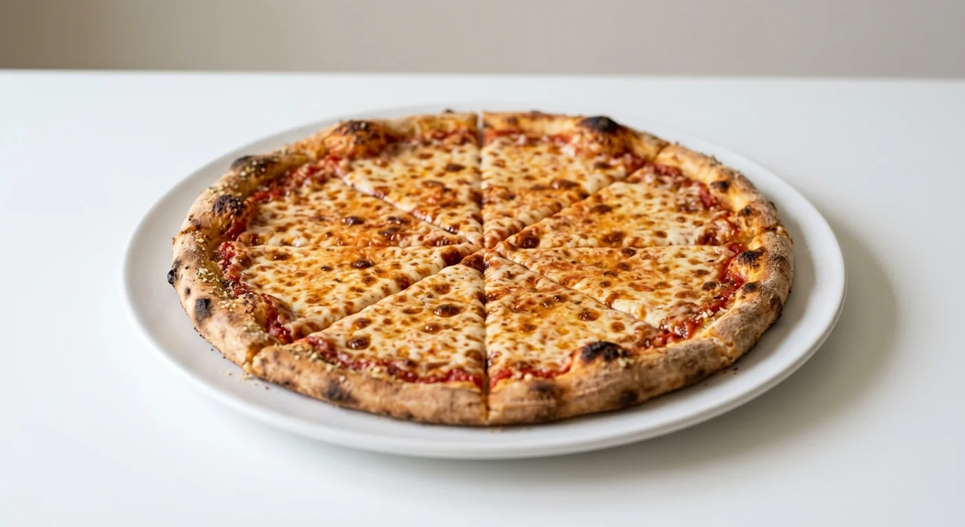 Pizza Hut Margherita (Sharing Handcrafted, 14-inch), thin crust pizza in 8 slices, topped with tomato and mozzarella, on a white plate, nutrition and calories