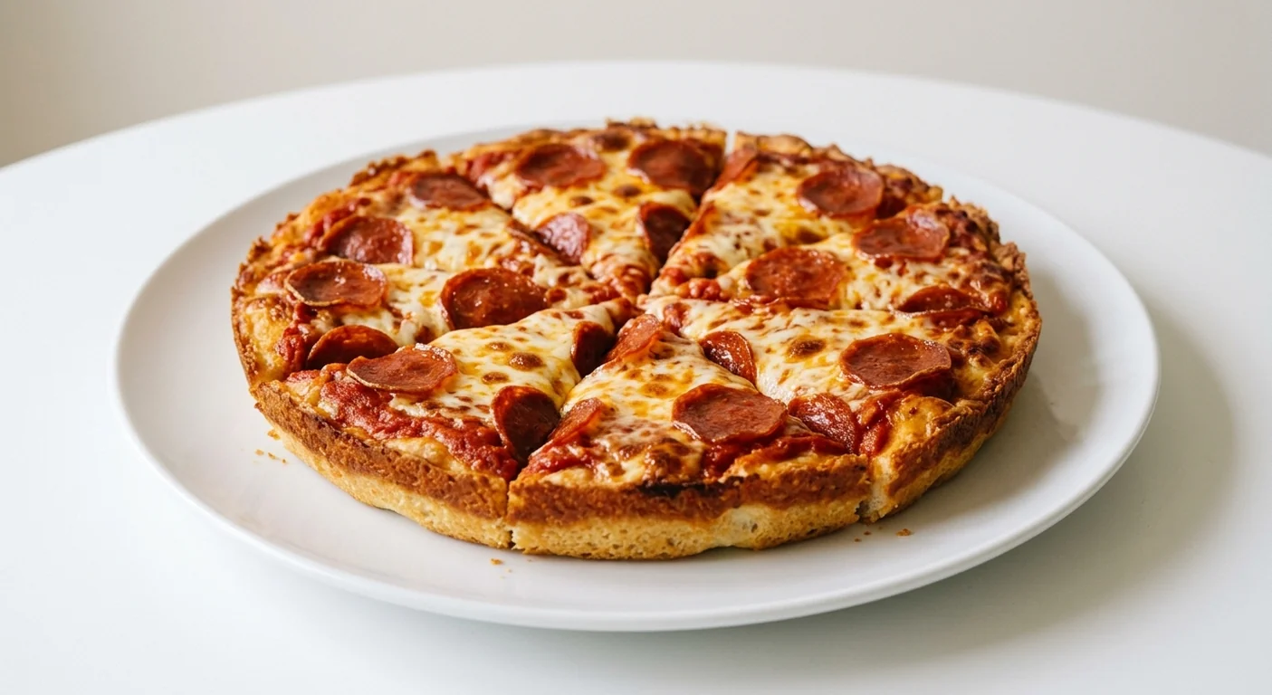 Pizza Hut Pepperoni (Individual Pan, 9-inch), pan pizza in 6 slices, topped with pepperoni and mozzarella, on a white plate, nutrition and calories