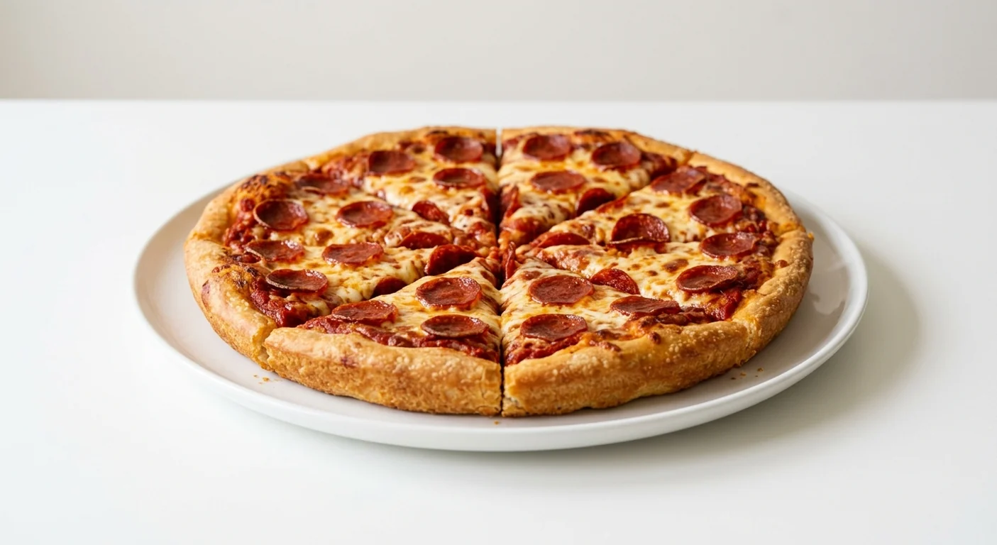 Pizza Hut Pepperoni (Sharing Pan, 13-inch), pan pizza in 8 slices, topped with pepperoni and mozzarella, on a white plate, nutrition and calories