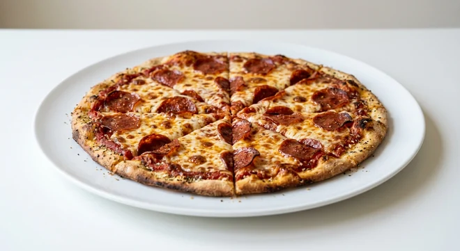 Pizza Hut Pepperoni (Sharing Handcrafted, 14-inch), thin crust pizza in 8 slices, topped with pepperoni and mozzarella, on a white plate, nutrition and calories