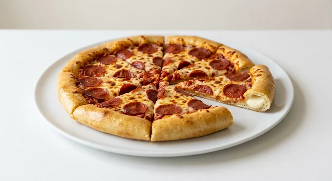 Pizza Hut Pepperoni (Sharing Stuffed Crust, 14-inch), stuffed crust pizza in 8 slices with the cheese-filled crust showing, topped with pepperoni and mozzarella, on a white plate, nutrition and calories