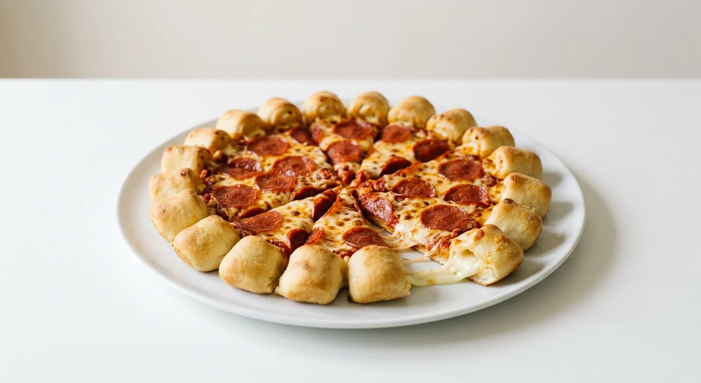 Pizza Hut Pepperoni (Cheesy Bites, 14-inch), Cheesy Bites pizza in 8 slices with a ring of cheese-filled bites, topped with pepperoni and mozzarella, on a white plate, nutrition and calories