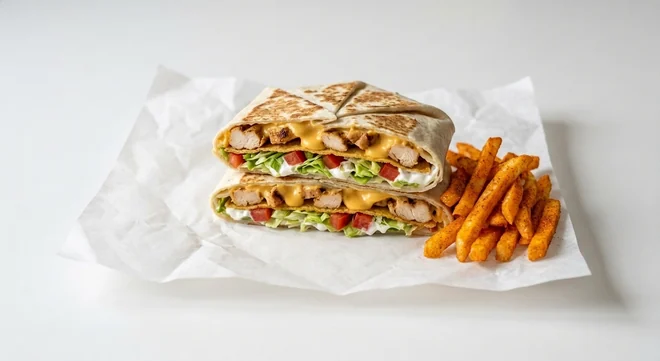 Taco Bell Crunchwrap Supreme Meal with Fries - Grilled Chicken (Regular), Crunchwrap cut in half showing grilled chicken, nacho cheese, tostada, lettuce, tomato and sour cream, served with seasoned fries on white paper, nutrition and calories