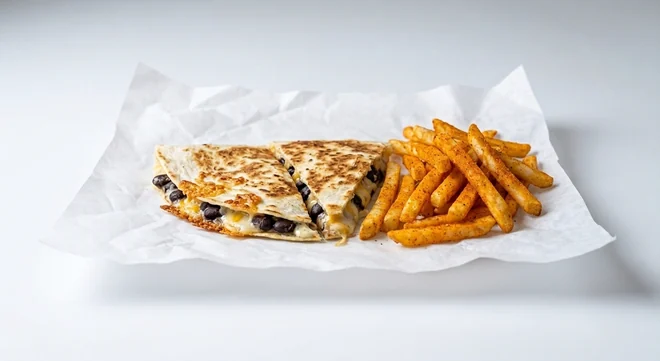 Taco Bell Grilled Cheese Black Bean Quesadilla Meal with Fries (Regular), grilled cheese quesadilla wedges with black beans and melted cheese, served with seasoned fries on white paper, nutrition and calories