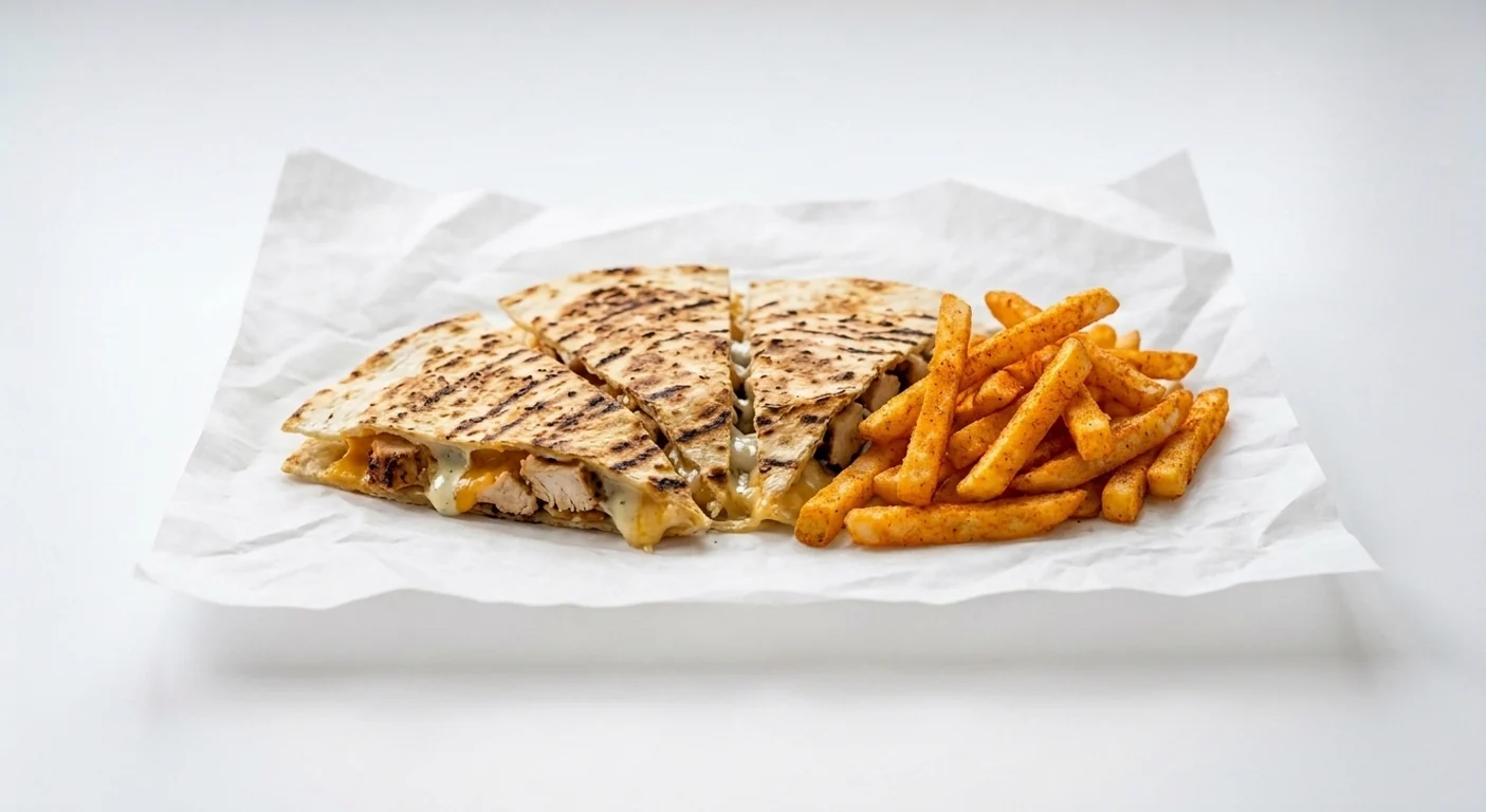 Taco Bell Quesadilla Meal with Fries - Grilled Chicken (Regular), quesadilla wedges with grilled chicken and melted cheese, served with seasoned fries on white paper, nutrition and calories