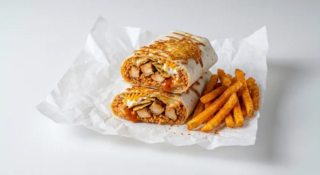 Taco Bell Grilled Cheese Chicken Volcano Burrito Meal with Fries (Regular), grilled cheese burrito cut in half showing grilled chicken, seasoned rice, cheese, lava sauce, crushed nacho chips, sour cream and cheddar, served with seasoned fries on white paper, nutrition and calories