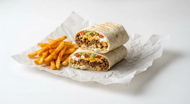 Taco Bell Loaded XL Beef Burrito Meal with Fries (Regular), burrito cut in half showing beef, fries, jalapeño sauce, cheese, tomato, guacamole and sour cream, served with seasoned fries on white paper, nutrition and calories