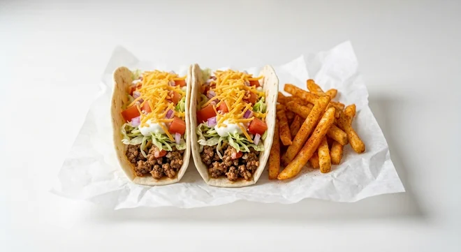 Taco Bell Two Soft Taco Supreme Meal with Fries - Beef (Regular), two soft flour tacos with seasoned beef, lettuce, tomato, sour cream and cheddar, served with seasoned fries on white paper, nutrition and calories