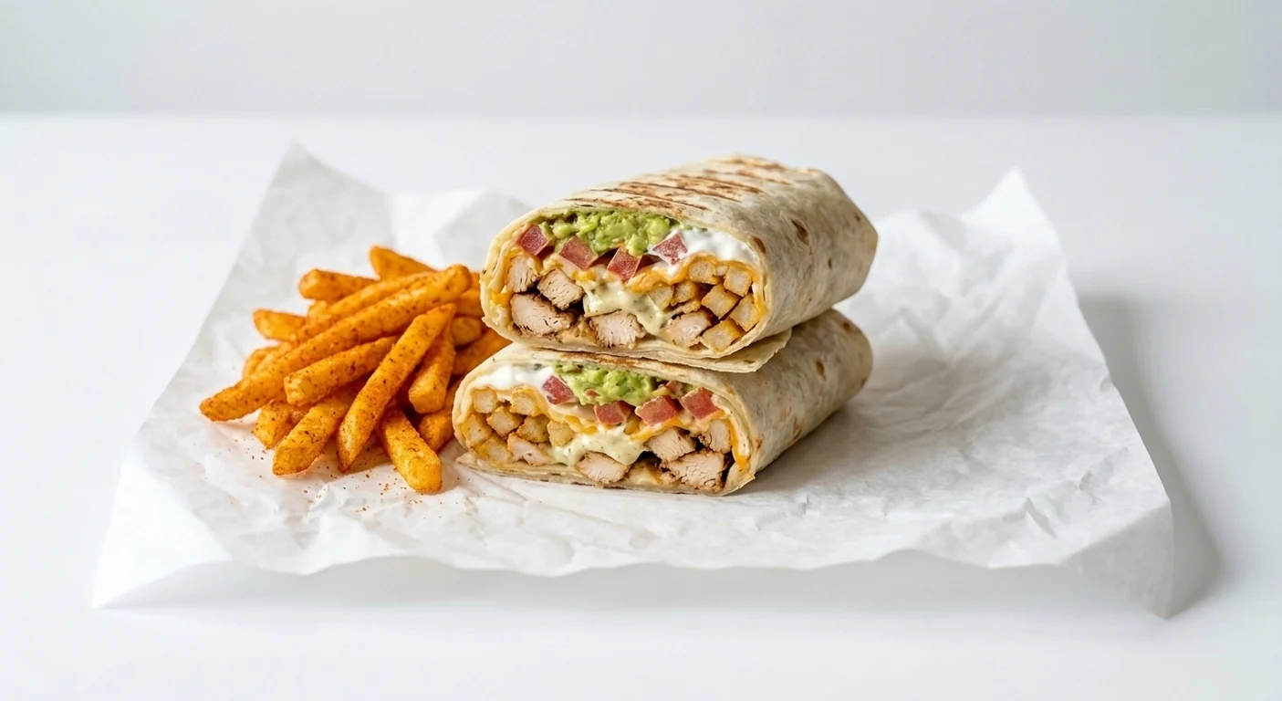 Taco Bell Loaded XL Chicken Burrito Meal with Fries (Regular), burrito cut in half showing grilled chicken, fries, jalapeño sauce, cheese, tomato, guacamole and sour cream, served with seasoned fries on white paper, nutrition and calories