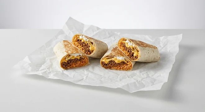 Taco Bell £9 Bundle for 2, two Beefy Melt Burritos on white paper, nutrition and calories