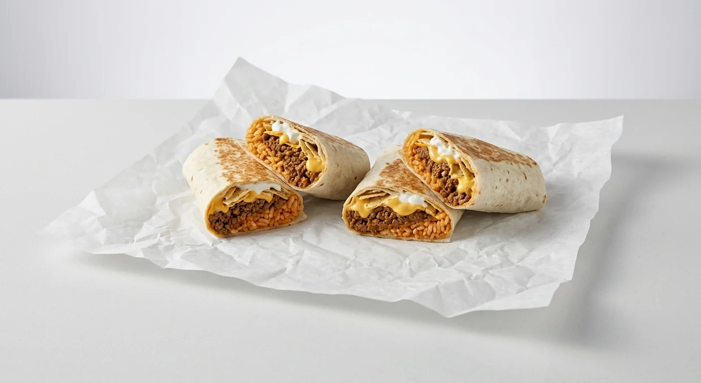 Taco Bell £9 Bundle for 2, two Beefy Melt Burritos on white paper, nutrition and calories