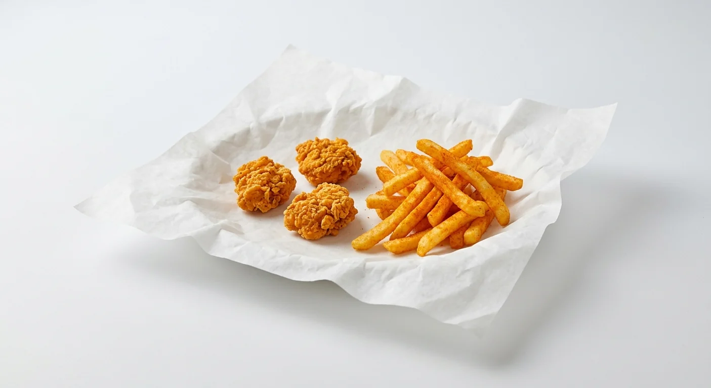 Taco Bell Chicken Bites Mini Bell Meal with Fries, three crispy chicken bites and seasoned fries on white paper, nutrition and calories