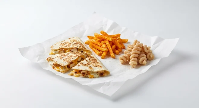 Taco Bell Baby Quesadilla Meal, baby chicken quesadilla, seasoned fries and cinnamon twists on white paper, nutrition and calories