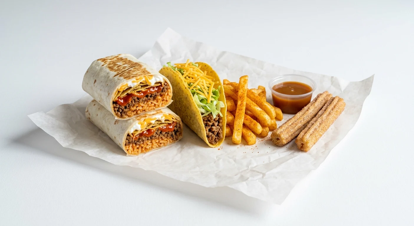 Taco Bell Volcano Burrito Box - Beef, Volcano Burrito, crunchy beef taco, seasoned fries and churros with caramel dip on white paper, nutrition and calories