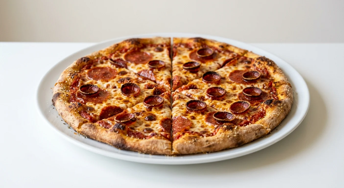 Pizza Hut Pepperoni Feast (Sharing Handcrafted, 14-inch), thin crust pizza in 8 slices, topped with flat and cupped pepperoni and mozzarella, on a white plate, nutrition and calories