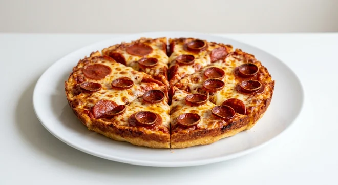 Pizza Hut Pepperoni Feast (Sharing Pan, 13-inch), pan pizza in 8 slices, topped with flat and cupped pepperoni and mozzarella, on a white plate, nutrition and calories