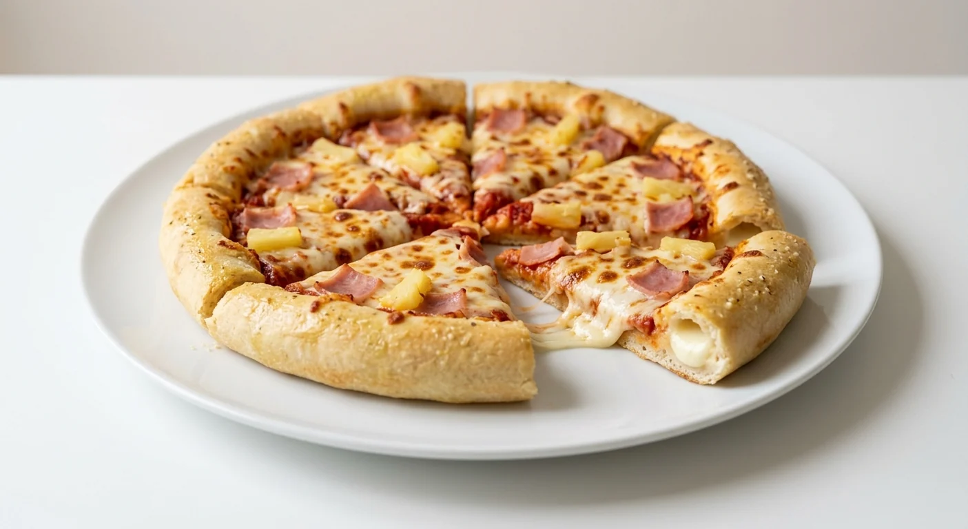 Pizza Hut Hawaiian (Sharing Stuffed Crust, 14-inch), stuffed crust pizza in 8 slices with the cheese-filled crust showing, topped with ham, pineapple and mozzarella, on a white plate, nutrition and calories