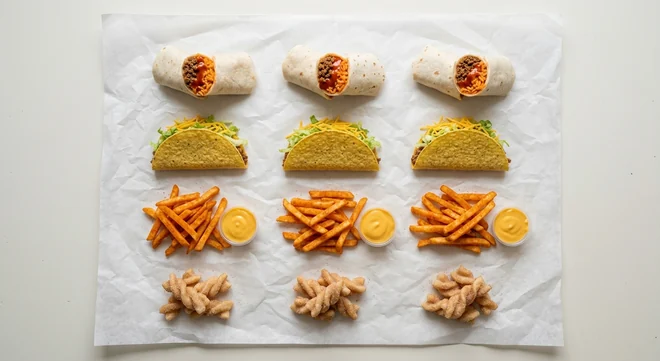 Taco Bell Cravings Meal for 3, three Volcano Burritos, three crunchy beef tacos, fries with cheese dips and cinnamon twists on white paper, nutrition and calories