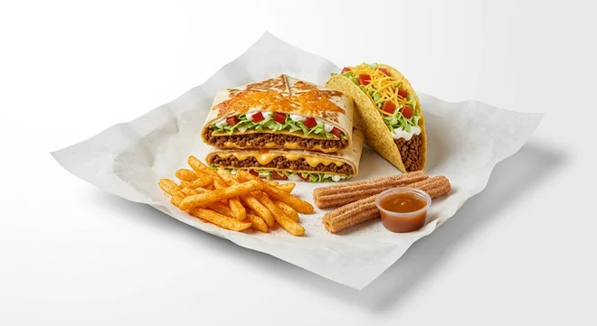 Taco Bell Grilled Cheese Beef Crunchwrap Box with Fries - Beef (Regular), Grilled Cheese Beef Crunchwrap, crunchy beef taco supreme, seasoned fries and churros with caramel dip on white paper, nutrition and calories