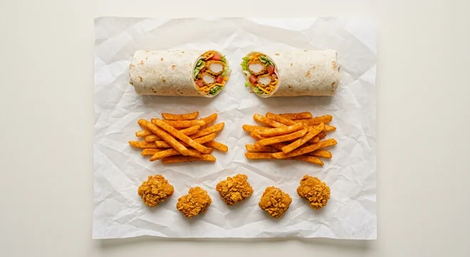 Taco Bell Crispy Chicken for 2, two Crispy Chicken Burritos, two portions of seasoned fries and five chicken bites on white paper, nutrition and calories