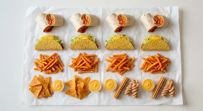 Taco Bell Cravings Meal for 4, four Volcano Burritos, four crunchy beef tacos, fries and nachos with cheese dips, churros and cinnamon twists on white paper, nutrition and calories