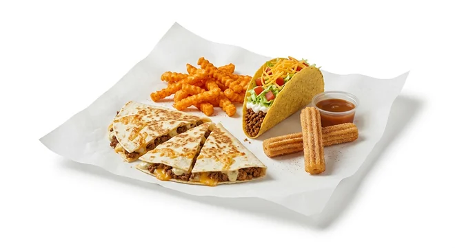 Taco Bell Grilled Cheese Beef Quesadilla Box with Fries - Beef (Regular), Grilled Cheese Beef Quesadilla, crunchy beef taco supreme, seasoned fries and churros with caramel dip on white paper, nutrition and calories