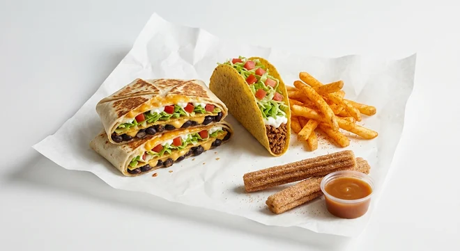 Taco Bell Grilled Cheese Black Bean Crunchwrap Box with Fries - Beef (Regular), Grilled Cheese Black Bean Crunchwrap, crunchy beef taco supreme, seasoned fries and churros with caramel dip on white paper, nutrition and calories
