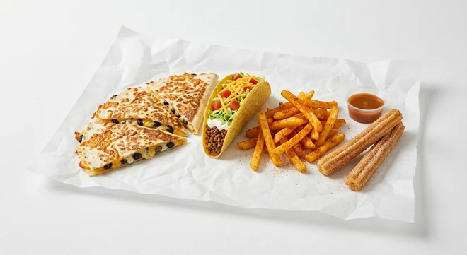 Taco Bell Grilled Cheese Black Bean Quesadilla Box with Fries - Beef (Regular), Grilled Cheese Black Bean Quesadilla, crunchy beef taco supreme, seasoned fries and churros with caramel dip on white paper, nutrition and calories