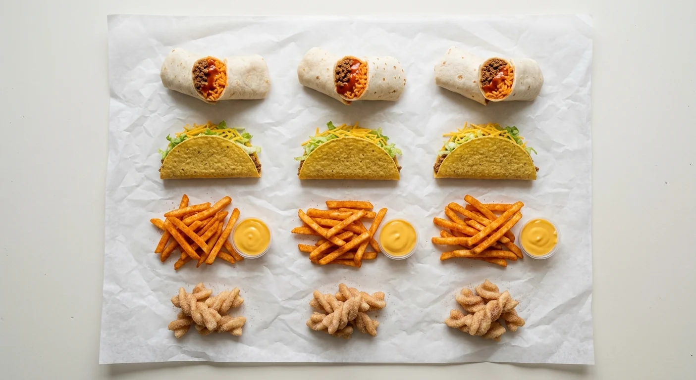 Taco Bell Cravings Meal for 3, three Volcano Burritos, three crunchy beef tacos, fries with cheese dips and cinnamon twists on white paper, nutrition and calories