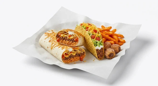 Taco Bell Grilled Cheese Beef Volcano Burrito Box with Fries - Beef (Regular), Grilled Cheese Beef Volcano Burrito, crunchy beef taco supreme, seasoned fries and chocolate churro bites on white paper, nutrition and calories