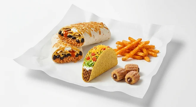 Taco Bell Grilled Cheese Black Bean Volcano Burrito Box with Fries - Beef (Regular), Grilled Cheese Black Bean Volcano Burrito, crunchy beef taco supreme, seasoned fries and chocolate churro bites on white paper, nutrition and calories