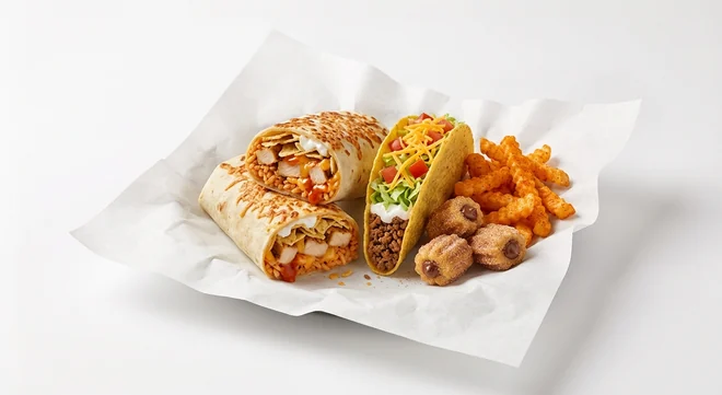 Taco Bell Grilled Cheese Chicken Volcano Burrito Box with Fries - Beef (Regular), Grilled Cheese Chicken Volcano Burrito, crunchy beef taco supreme, seasoned fries and chocolate churro bites on white paper, nutrition and calories