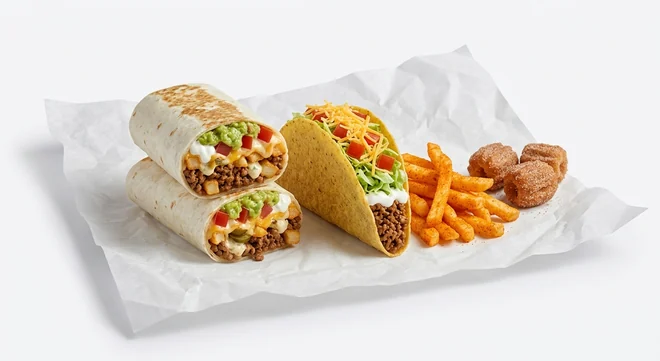 Taco Bell Loaded XL Beef Burrito Deluxe Box with Fries - Beef (Regular), Loaded XL Beef Burrito, crunchy beef taco supreme, seasoned fries and churro bites on white paper, nutrition and calories